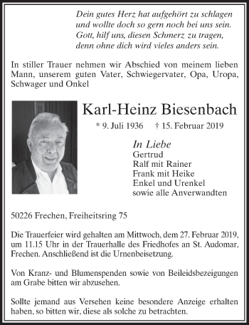 Anzeige von Karl-Heinz Biesenbach von  Sonntags-Post 