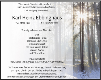 Anzeige von Karl-Heinz Ebbinghaus von  Lokalanzeiger 