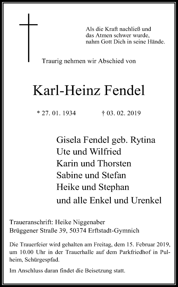  Traueranzeige für Karl-Heinz Fendel vom 13.02.2019 aus Kölner Stadt-Anzeiger / Kölnische Rundschau / Express