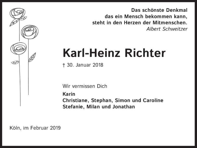  Traueranzeige für Karl-Heinz Richter vom 02.02.2019 aus Kölner Stadt-Anzeiger / Kölnische Rundschau / Express