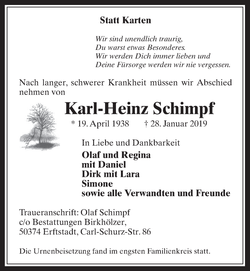  Traueranzeige für Karl-Heinz Schimpf vom 13.02.2019 aus  Werbepost 