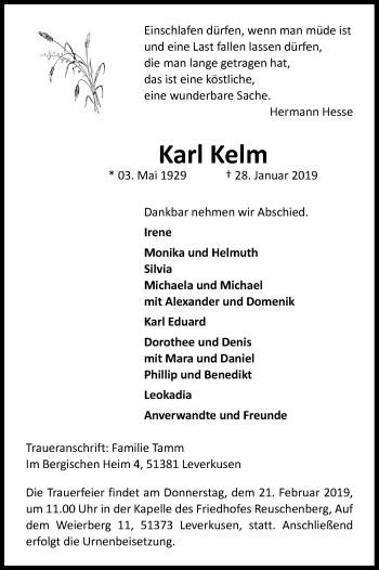 Anzeige von Karl Kelm von Kölner Stadt-Anzeiger / Kölnische Rundschau / Express