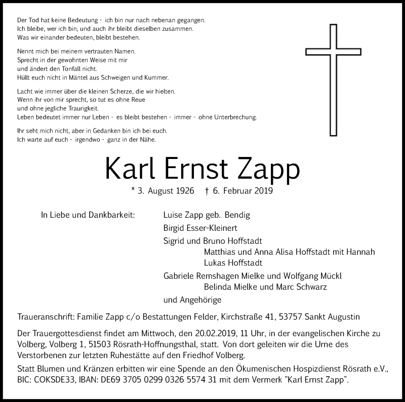  Traueranzeige für Karl Ernst Zapp vom 14.02.2019 aus Kölner Stadt-Anzeiger / Kölnische Rundschau / Express