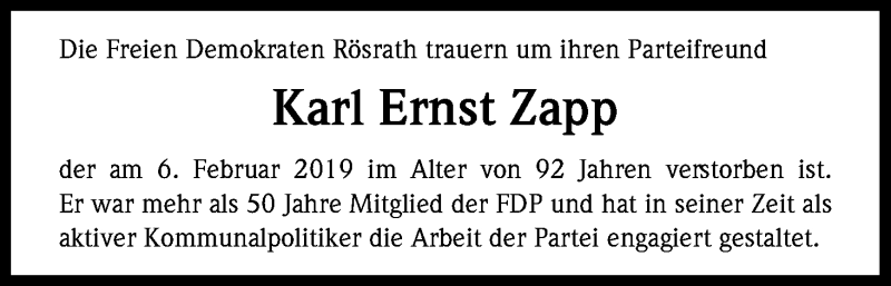  Traueranzeige für Karl Ernst Zapp vom 16.02.2019 aus Kölner Stadt-Anzeiger / Kölnische Rundschau / Express