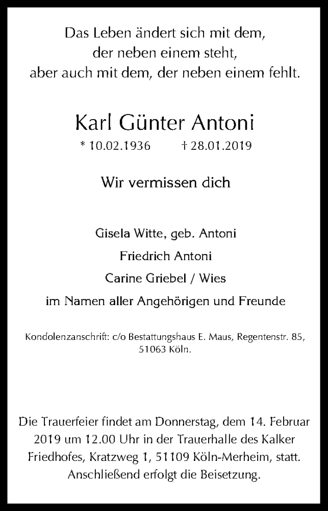 Traueranzeige für Karl Günter Antoni vom 09.02.2019 aus Kölner Stadt-Anzeiger / Kölnische Rundschau / Express