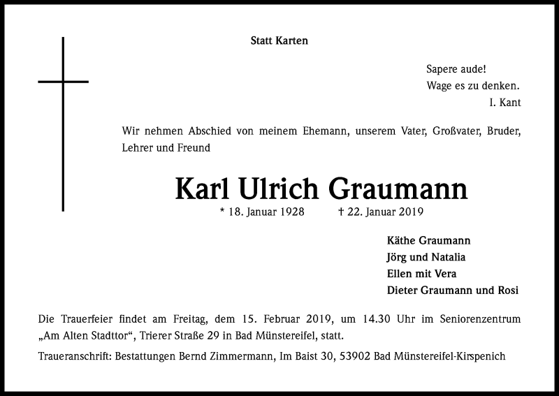  Traueranzeige für Karl Ulrich Graumann vom 09.02.2019 aus Kölner Stadt-Anzeiger / Kölnische Rundschau / Express