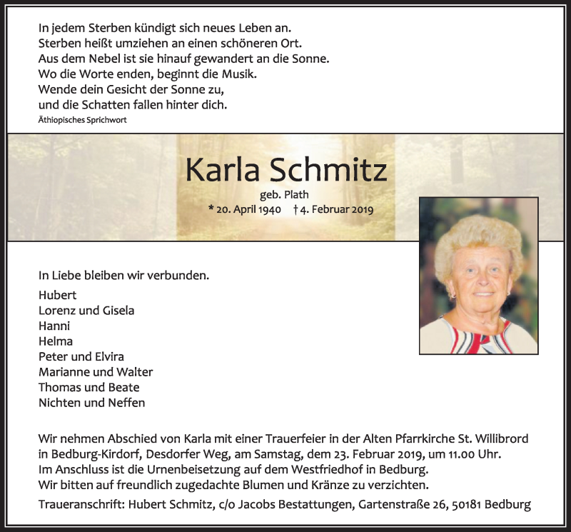  Traueranzeige für Karla Schmitz vom 16.02.2019 aus  Sonntags-Post 