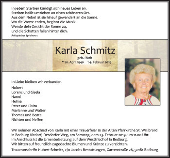 Anzeige von Karla Schmitz von  Sonntags-Post 