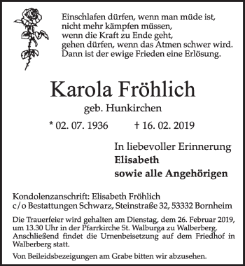 Anzeige von Karola Fröhlich von  Schlossbote/Werbekurier 