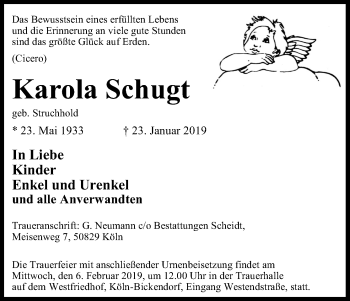 Anzeige von Karola Schugt von Kölner Stadt-Anzeiger / Kölnische Rundschau / Express