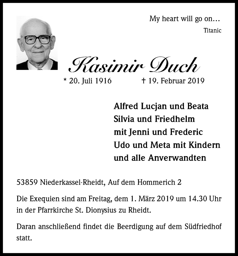  Traueranzeige für Kasimir Duch vom 23.02.2019 aus Kölner Stadt-Anzeiger / Kölnische Rundschau / Express
