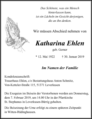 Anzeige von Katharina Ehlen von Kölner Stadt-Anzeiger / Kölnische Rundschau / Express