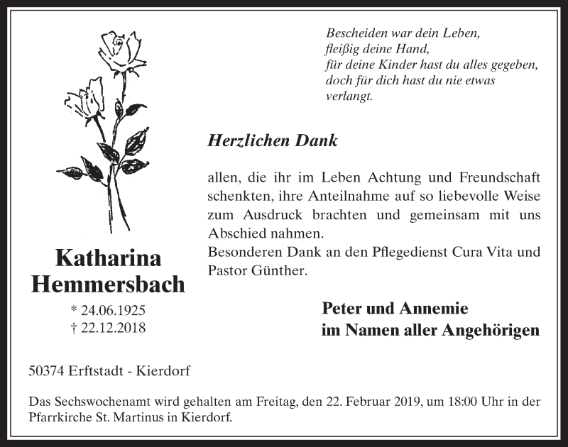  Traueranzeige für Katharina Hemmersbach vom 13.02.2019 aus  Werbepost 