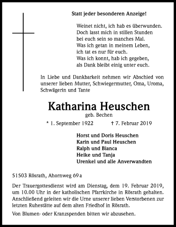Anzeige von Katharina Heuschen von Kölner Stadt-Anzeiger / Kölnische Rundschau / Express