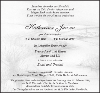 Anzeige von Katharina Jansen von  Blickpunkt Euskirchen 