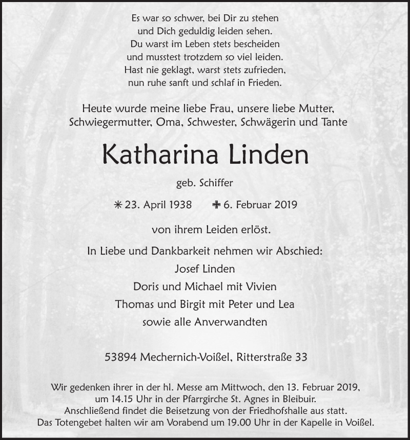  Traueranzeige für Katharina Linden vom 09.02.2019 aus  Blickpunkt Euskirchen 