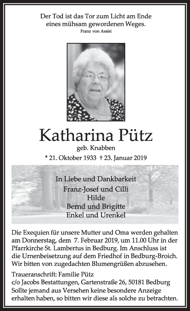  Traueranzeige für Katharina Pütz vom 02.02.2019 aus  Sonntags-Post 