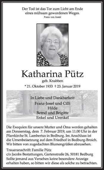 Anzeige von Katharina Pütz von  Sonntags-Post 