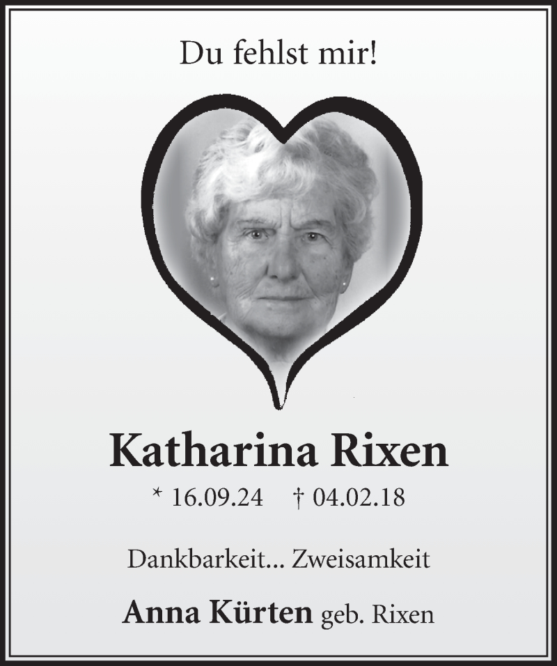  Traueranzeige für Katharina Rixen vom 09.02.2019 aus  Sonntags-Post 