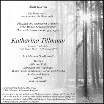 Anzeige von Katharina Tillmann von  Bergisches Sonntagsblatt 