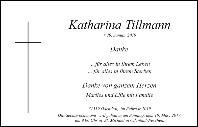  Traueranzeige für Katharina Tillmann vom 20.02.2019 aus  Bergisches Handelsblatt 