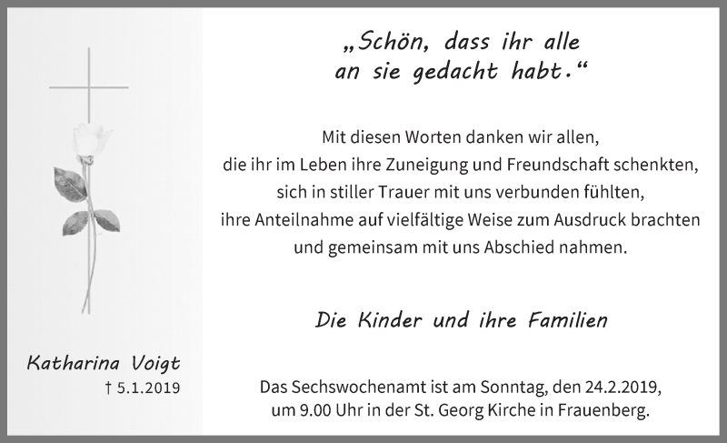  Traueranzeige für Katharina Voigt vom 16.02.2019 aus  Blickpunkt Euskirchen 