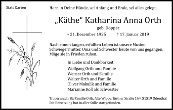 Anzeige von Katharina Anna Orth von Kölner Stadt-Anzeiger / Kölnische Rundschau / Express