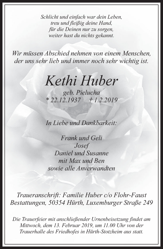 Traueranzeige für Kethi Huber vom 06.02.2019 aus  Wochenende 