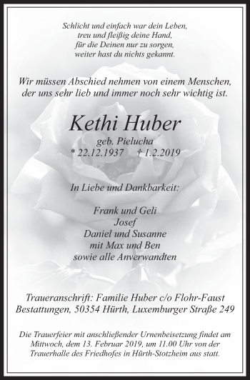 Anzeige von Kethi Huber von  Wochenende 