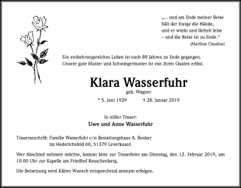 Anzeige von Klara Wasserfuhr von Kölner Stadt-Anzeiger / Kölnische Rundschau / Express