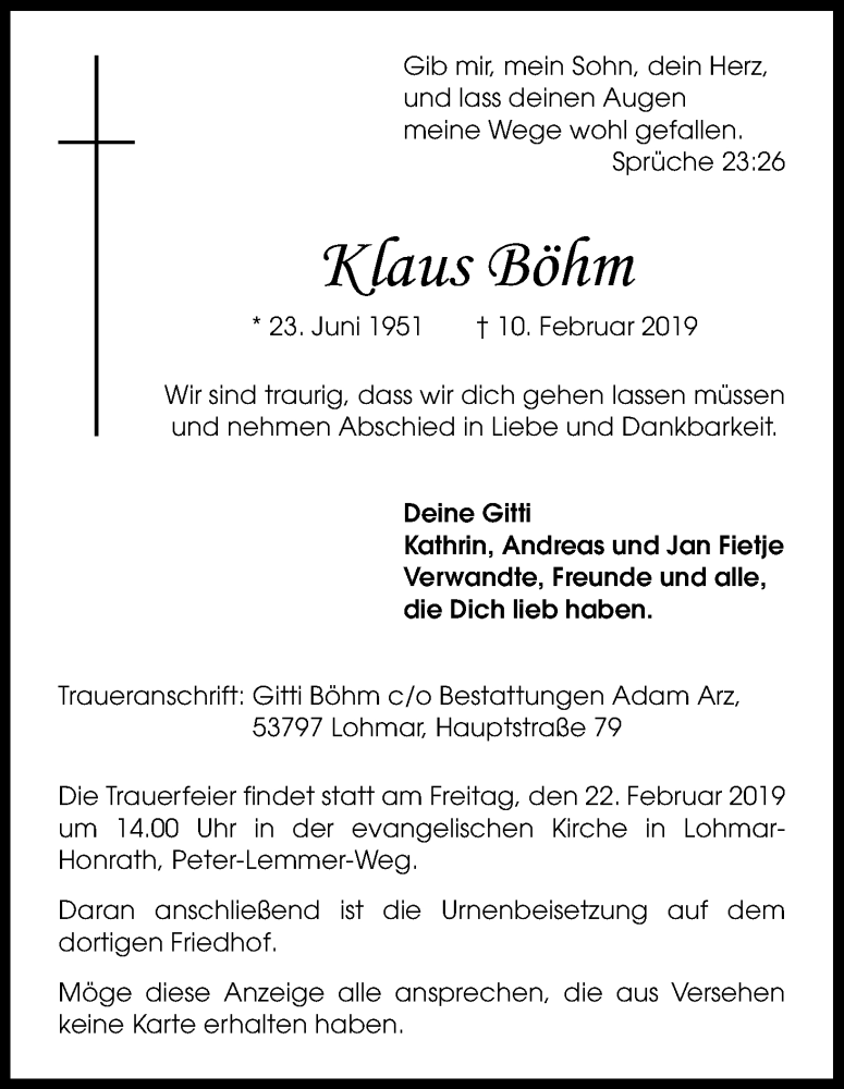  Traueranzeige für Klaus Böhm vom 16.02.2019 aus Kölner Stadt-Anzeiger / Kölnische Rundschau / Express