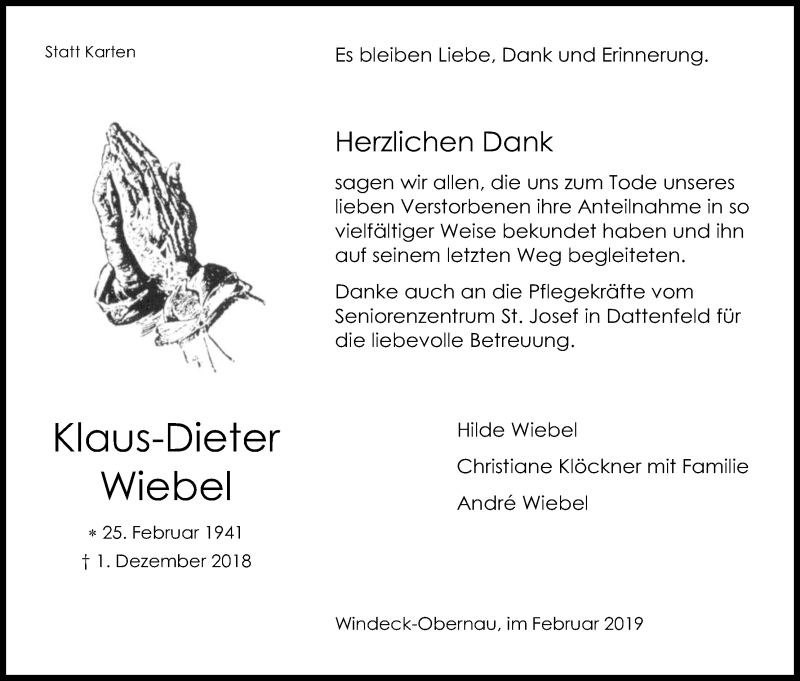  Traueranzeige für Klaus-Dieter Wiebel vom 09.02.2019 aus Kölner Stadt-Anzeiger / Kölnische Rundschau / Express