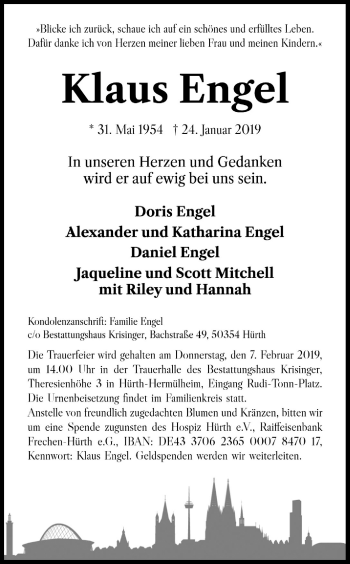 Anzeige von Klaus Engel von Kölner Stadt-Anzeiger / Kölnische Rundschau / Express