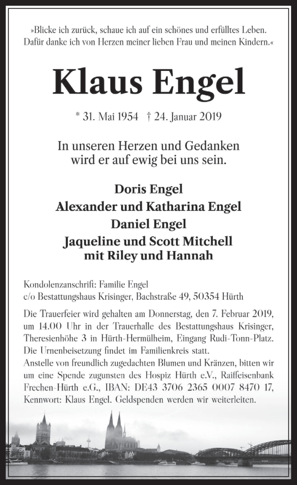  Traueranzeige für Klaus Engel vom 06.02.2019 aus  Wochenende 