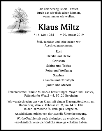 Anzeige von Klaus Miltz von Kölner Stadt-Anzeiger / Kölnische Rundschau / Express