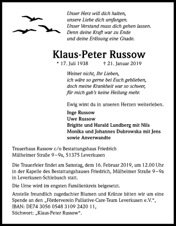 Anzeige von Klaus-Peter Russow von Kölner Stadt-Anzeiger / Kölnische Rundschau / Express