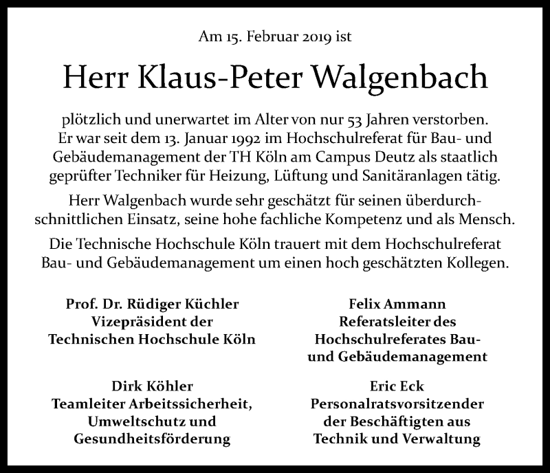  Traueranzeige für Klaus-Peter Walgenbach vom 23.02.2019 aus Kölner Stadt-Anzeiger / Kölnische Rundschau / Express