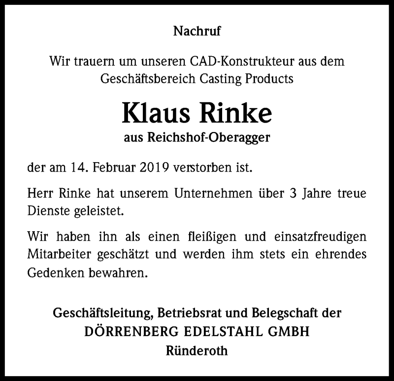  Traueranzeige für Klaus Rinke vom 20.02.2019 aus Kölner Stadt-Anzeiger / Kölnische Rundschau / Express