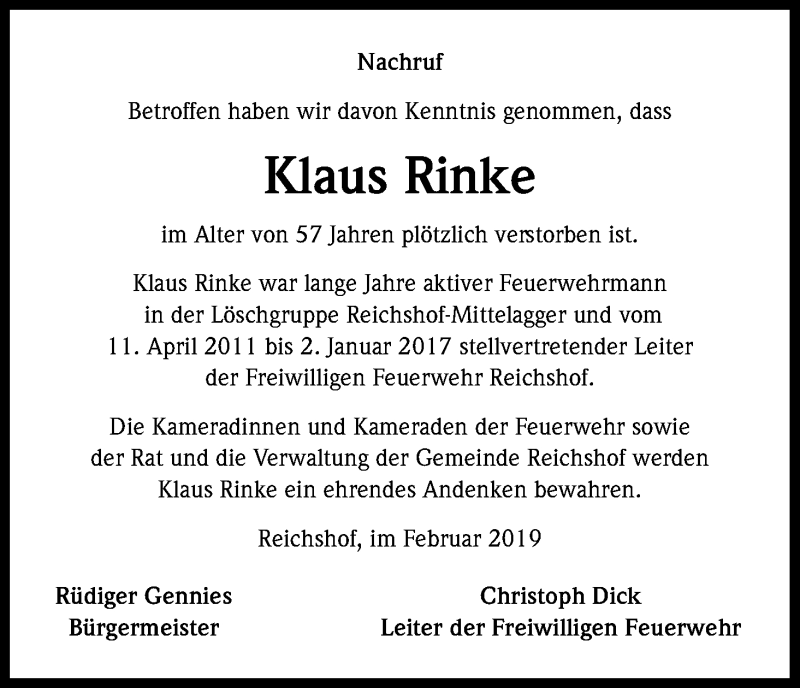  Traueranzeige für Klaus Rinke vom 21.02.2019 aus Kölner Stadt-Anzeiger / Kölnische Rundschau / Express