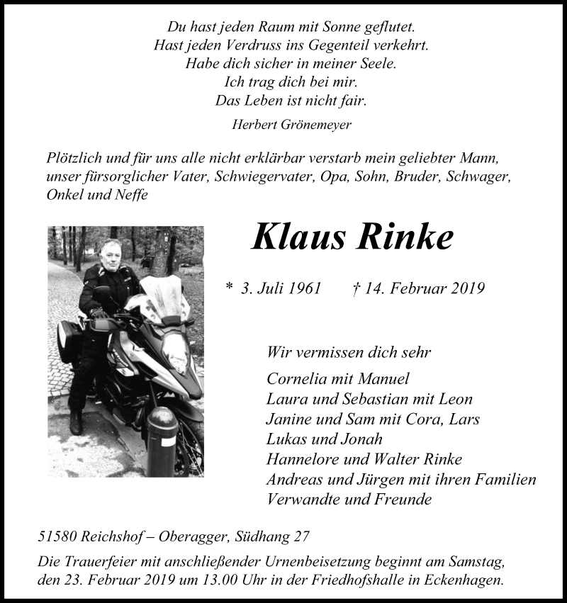  Traueranzeige für Klaus Rinke vom 19.02.2019 aus Kölner Stadt-Anzeiger / Kölnische Rundschau / Express