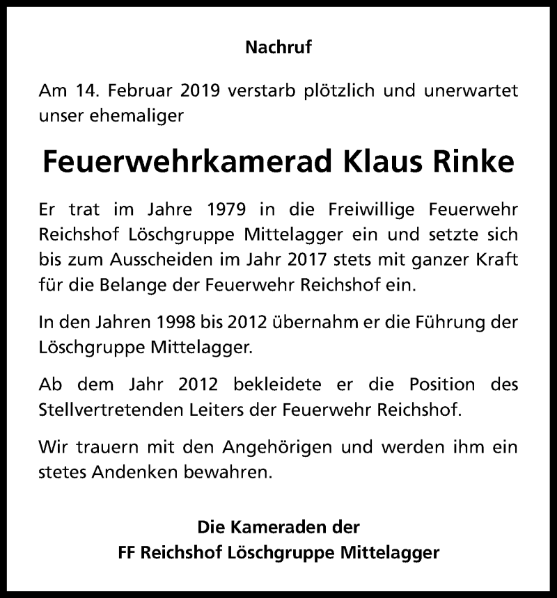  Traueranzeige für Klaus Rinke vom 23.02.2019 aus Kölner Stadt-Anzeiger / Kölnische Rundschau / Express
