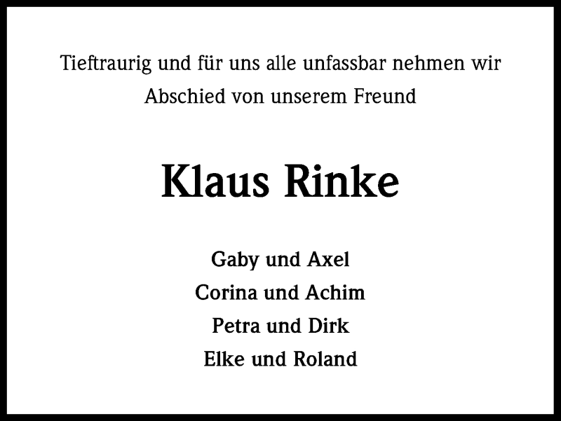  Traueranzeige für Klaus Rinke vom 19.02.2019 aus Kölner Stadt-Anzeiger / Kölnische Rundschau / Express