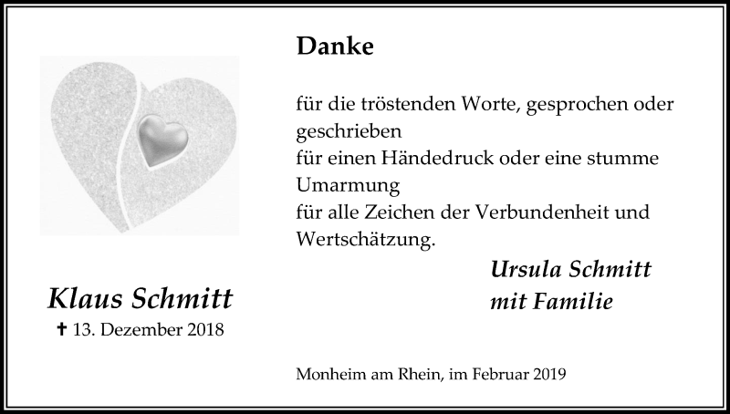  Traueranzeige für Klaus Schmitt vom 09.02.2019 aus Kölner Stadt-Anzeiger / Kölnische Rundschau / Express