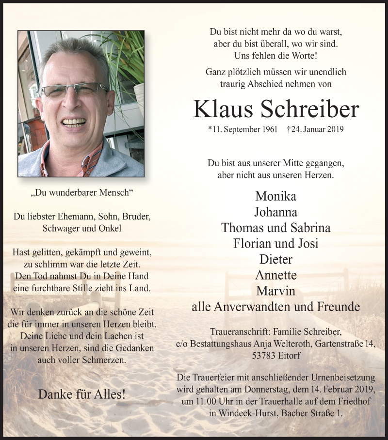  Traueranzeige für Klaus Schreiber vom 02.02.2019 aus Kölner Stadt-Anzeiger / Kölnische Rundschau / Express