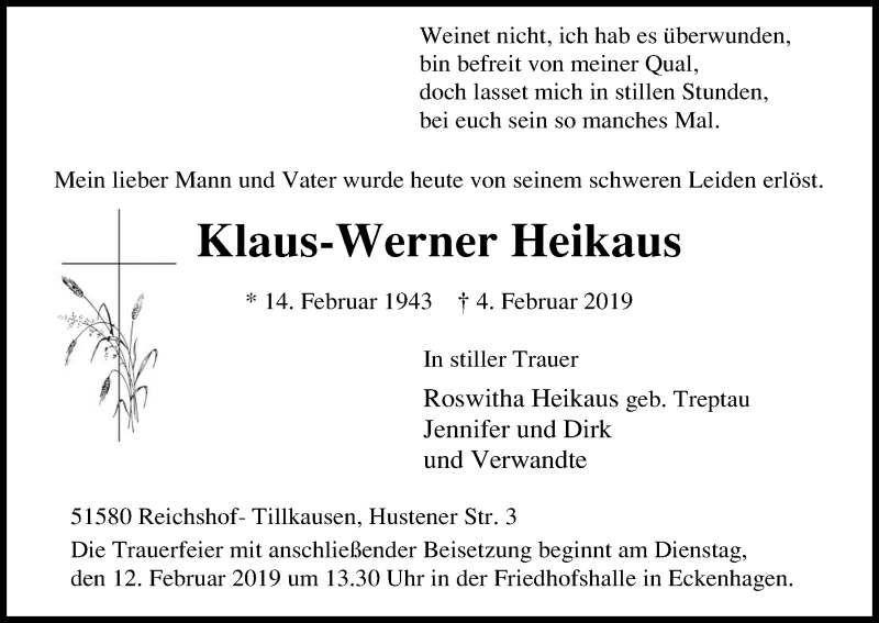  Traueranzeige für Klaus-Werner Heikaus vom 09.02.2019 aus Kölner Stadt-Anzeiger / Kölnische Rundschau / Express