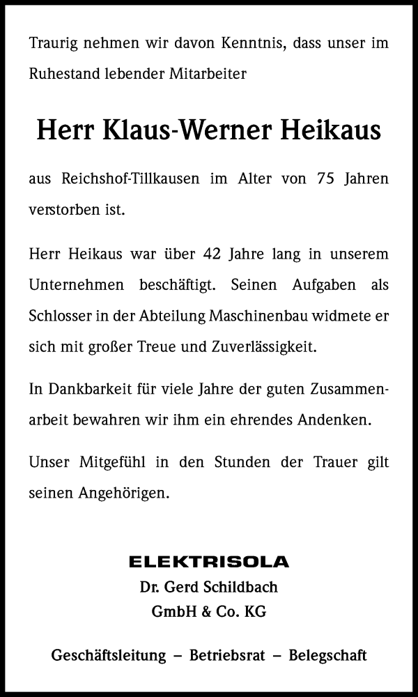  Traueranzeige für Klaus-Werner Heikaus vom 16.02.2019 aus Kölner Stadt-Anzeiger / Kölnische Rundschau / Express