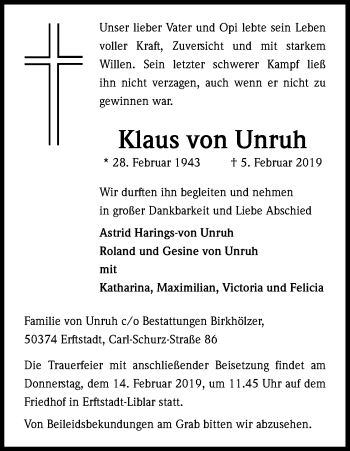 Anzeige von Klaus von Unruh von Kölner Stadt-Anzeiger / Kölnische Rundschau / Express