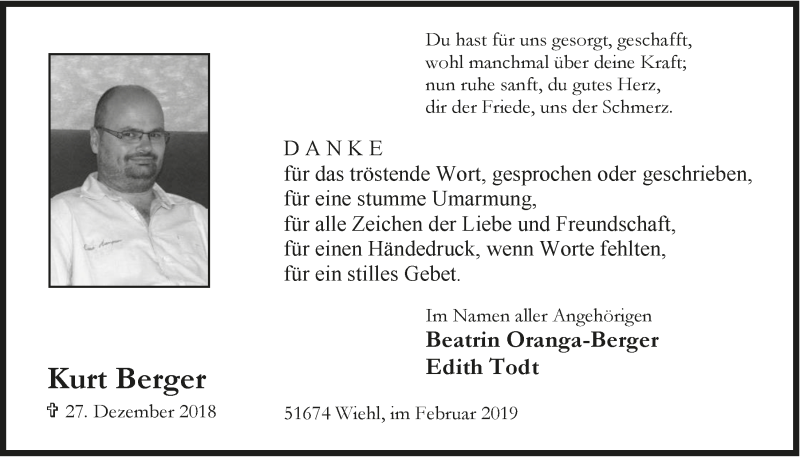  Traueranzeige für Kurt Berger vom 13.02.2019 aus  Anzeigen Echo 