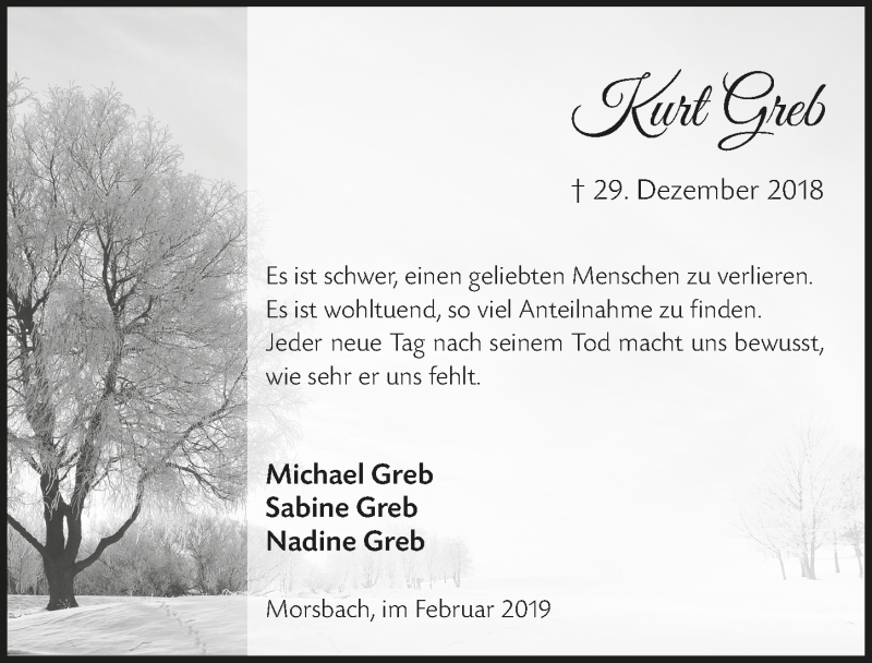  Traueranzeige für Kurt Greb vom 13.02.2019 aus  Lokalanzeiger 