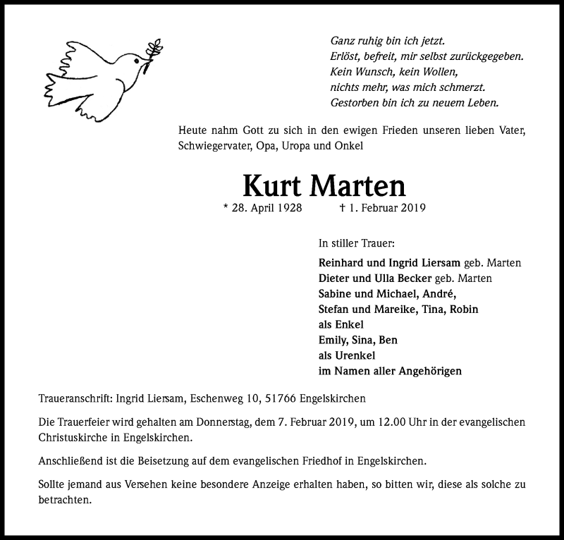  Traueranzeige für Kurt Marten vom 05.02.2019 aus Kölner Stadt-Anzeiger / Kölnische Rundschau / Express